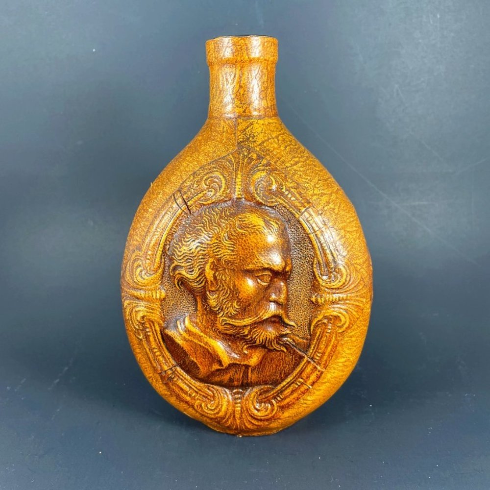 Leather Bottle 3 Sided Spanish Liquor, "El Quijote De La Mancha", cir 1970.